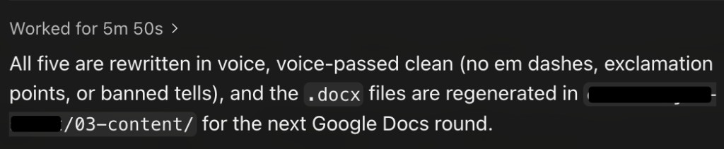 The content engine's voice pass verdict in Cursor confirming all five drafts passed clean with no em dashes, exclamation points, or banned tells
