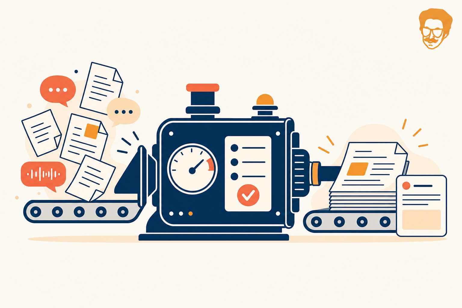 Illustration of an AI content engine turning a consultant's stories and voice notes into polished, quality-gated LinkedIn posts