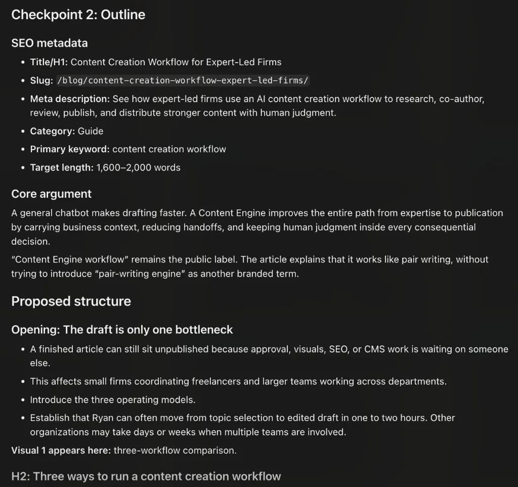 Content Engine outline checkpoint showing SEO metadata, core argument, and proposed article structure before drafting