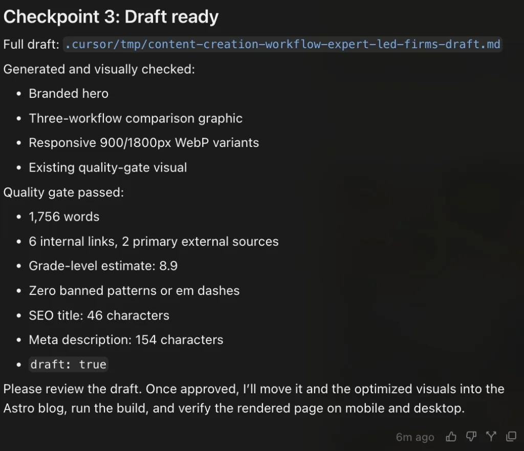 Content Engine draft-ready checkpoint showing the quality gate results: word count, internal links, reading level, banned-pattern check, and metadata character counts
