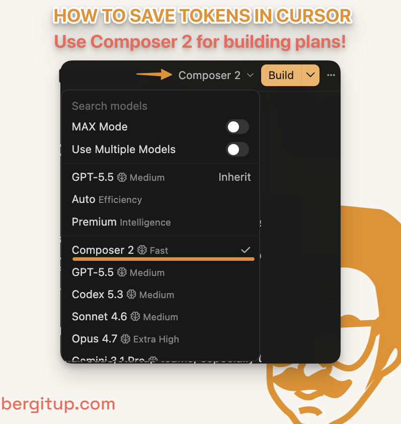 Cursor IDE model selector showing Composer 2 Fast selected for executing plans and saving tokens