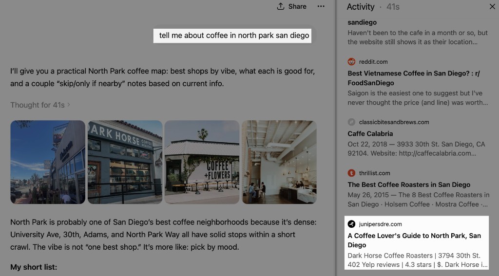 ChatGPT answering a North Park San Diego coffee query with Juniper Real Estate's engine-built guide cited in its sources