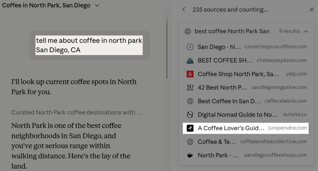 Claude answering a San Diego neighborhood query with Juniper Real Estate's page pulled in as a source