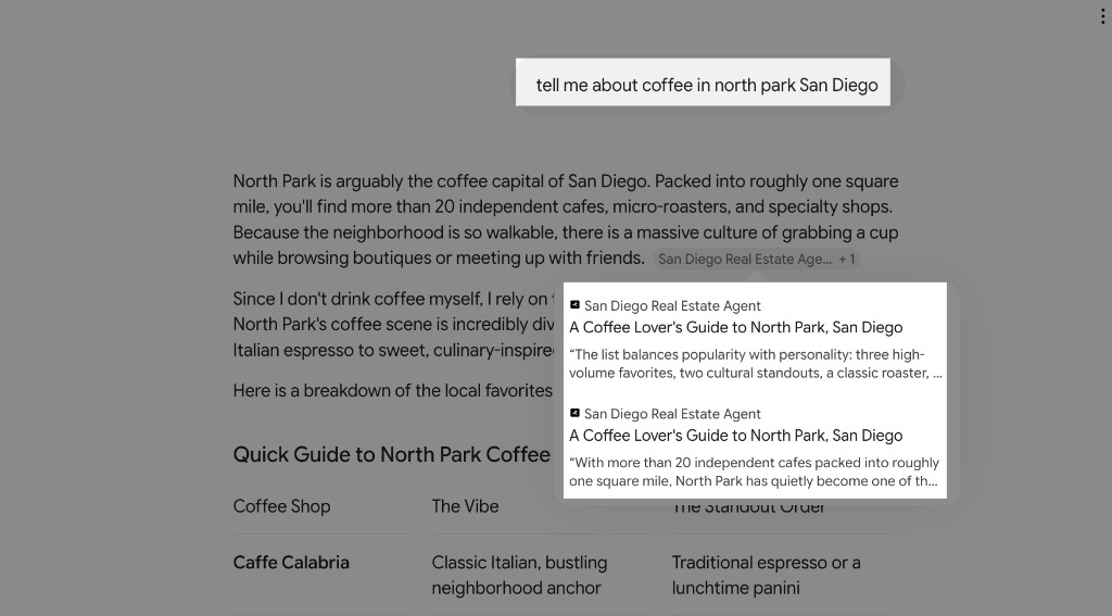 Google's Gemini answering a North Park San Diego coffee query with Juniper Real Estate's guide cited twice in its sources