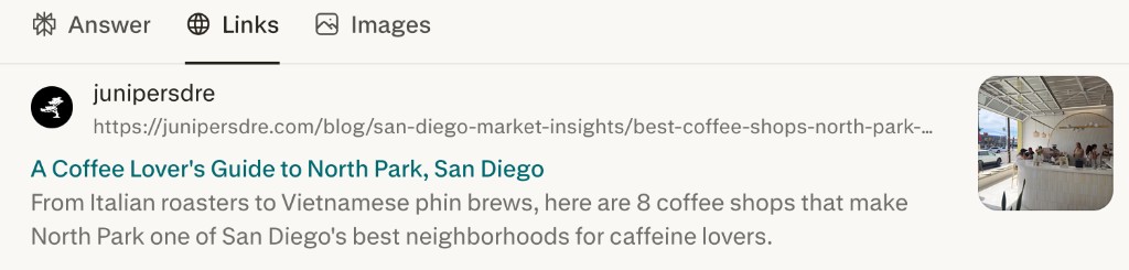 Perplexity listing Juniper Real Estate among the sources for a San Diego search