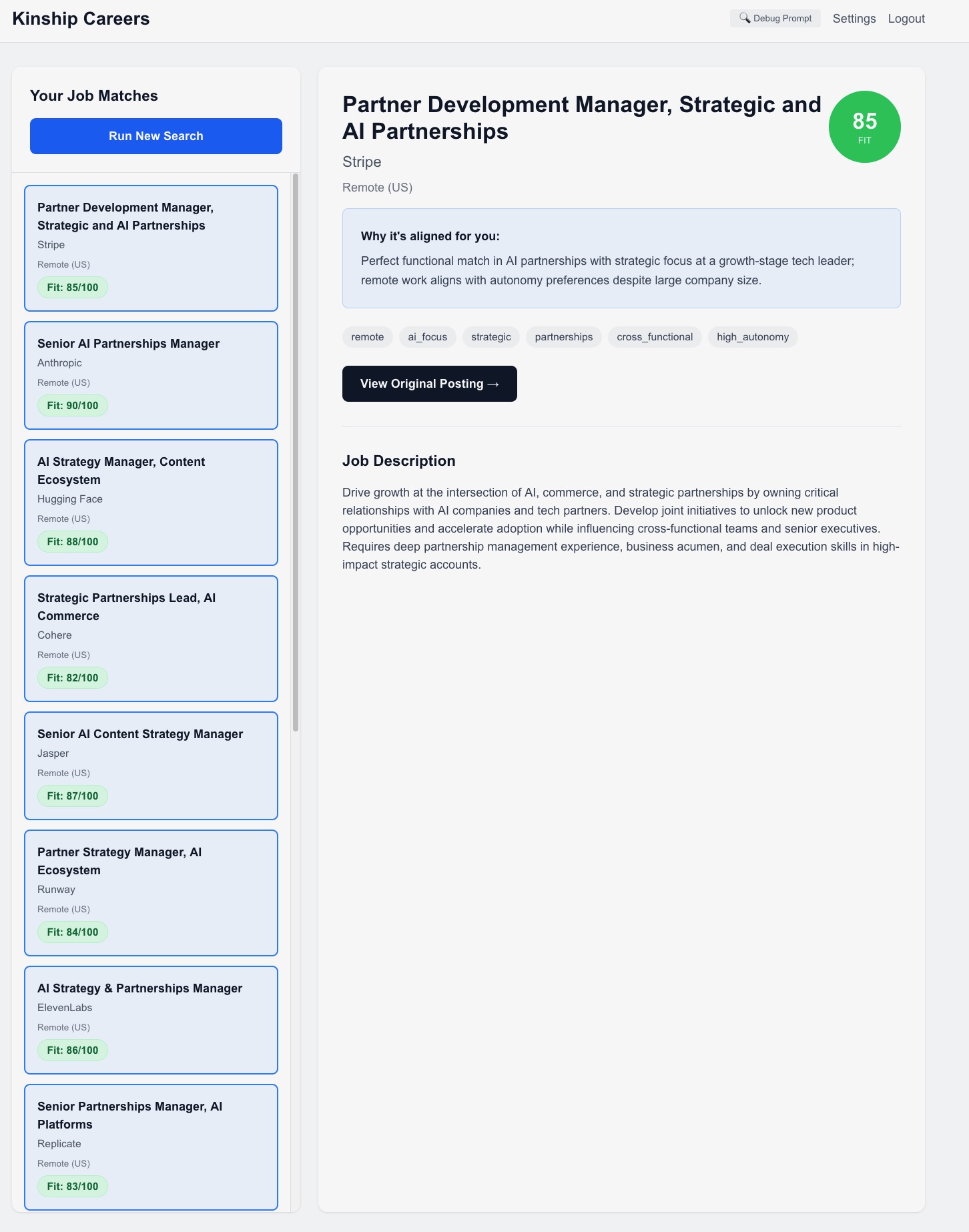 Kinship Careers day 1 UI showing a simple job list with basic fit scores and no company research or signals