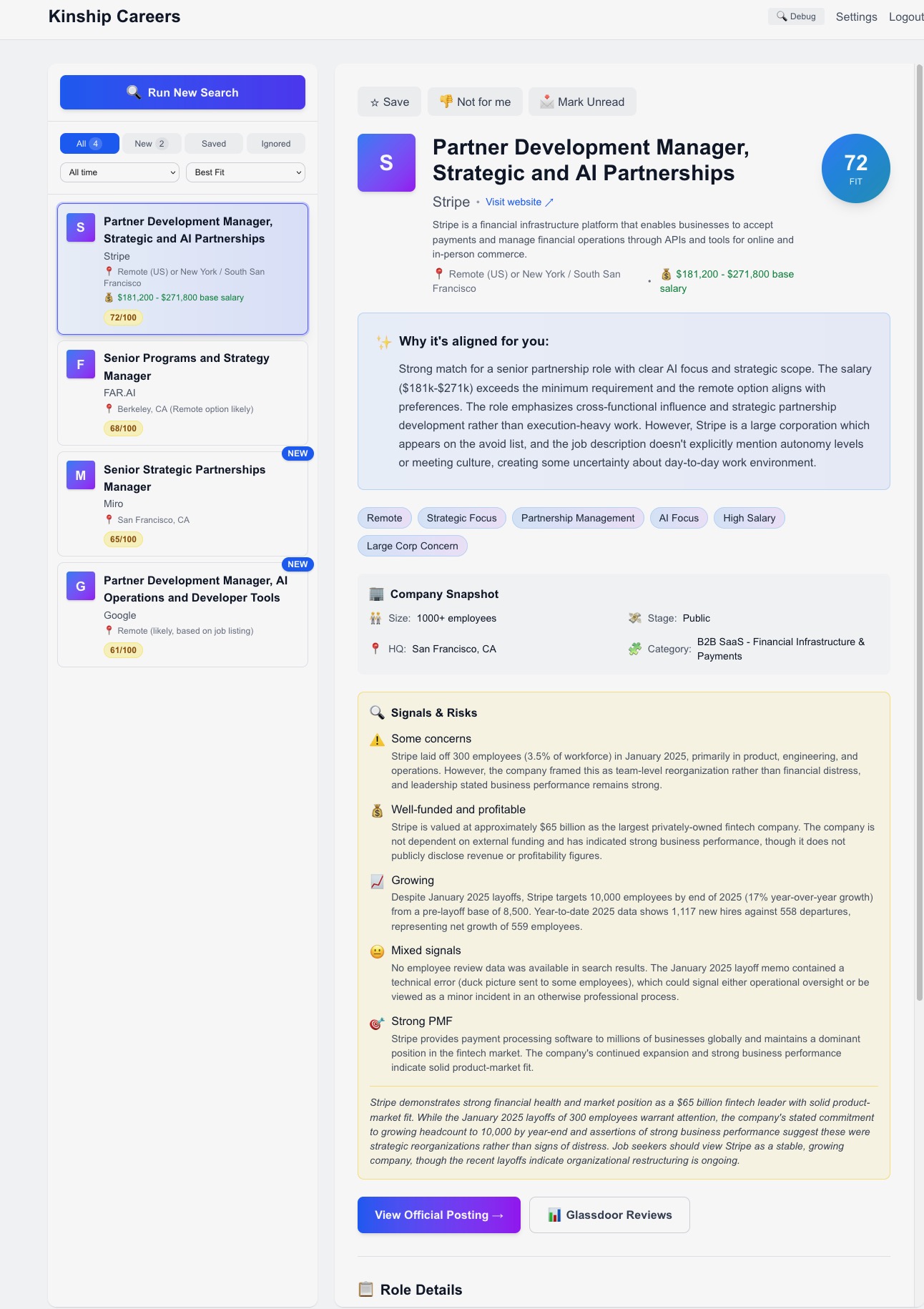 Kinship Careers day 20 UI with company signals and risks, salary ranges, alignment tags, and a Company Snapshot section added after beta tester feedback