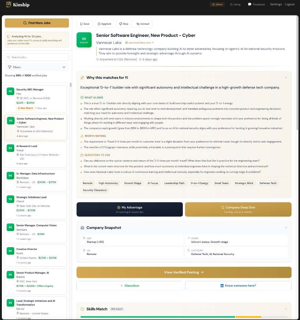 Kinship Careers day 40 final UI with polished dark navigation, full alignment breakdown, My Advantage and Company Deep Dive buttons, and a verified job badge