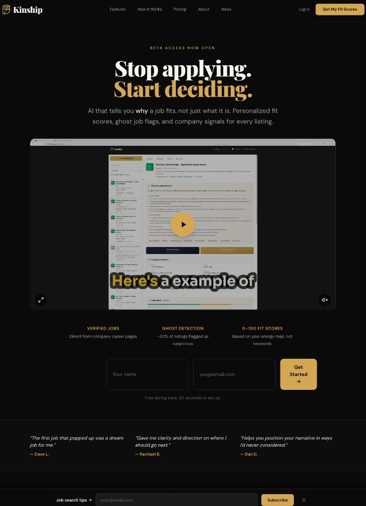 Kinship Careers current homepage with dark design and headline: Stop applying. Start deciding.