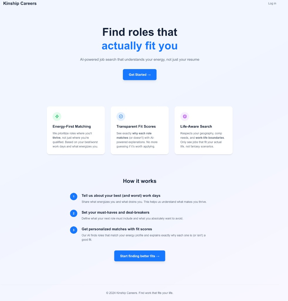 Kinship Careers launch homepage with light blue design and headline: Find roles that actually fit you