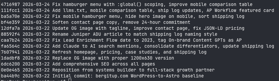 Git log showing the bergitup.com WordPress to Astro migration: initial commit on March 22, 2026, followed by a burst of commits that same day and the days after, covering SEO, OG images, homepage refresh, and mobile fixes