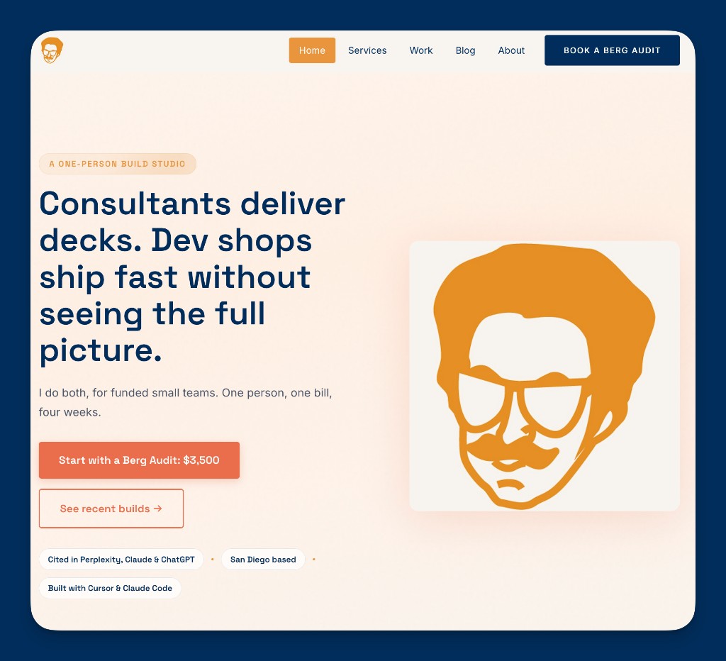 Current bergitup.com homepage in Astro showing the hero headline Consultants deliver decks, Dev shops ship fast without seeing the full picture, with the Start with a Berg Audit call to action and the illustrated Berg mascot